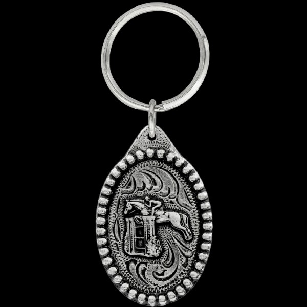 Jumper Keychain, The Jumper keychain includes a beautiful beaded border, a 3D jumping horse figure, and a key ring attachment. Each silver key chain is built with our white